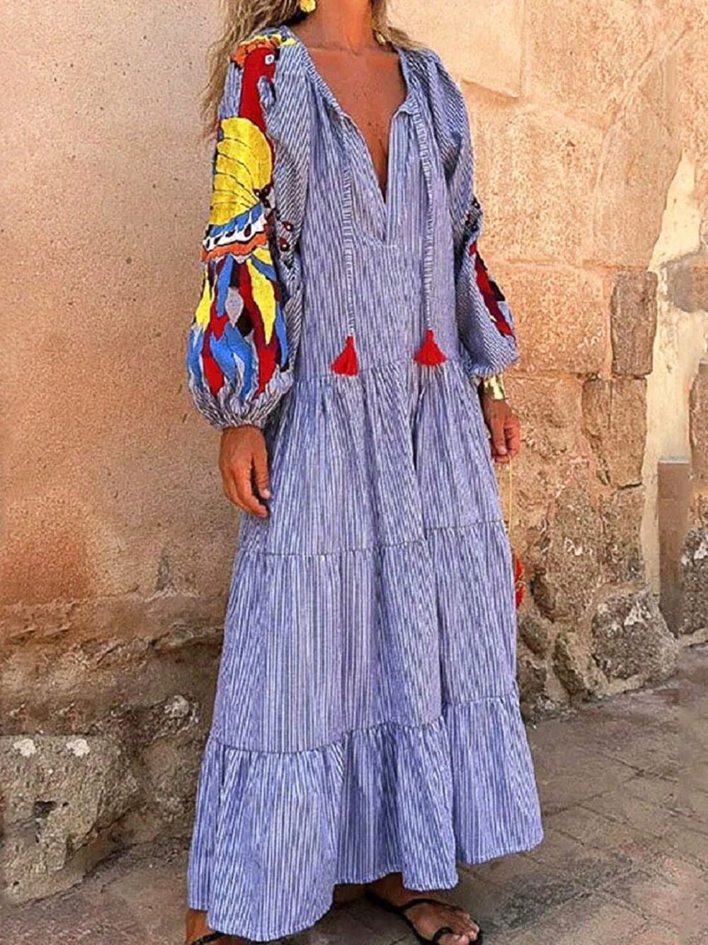 Blue Casual Women's Boho Floral Puff Sleeve Maxi Dress - Picture 3 of 10